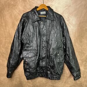 Vintage Leather Jacket 90s Embroidered Zip Up Embroidered Pigskin Moto Biker